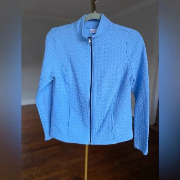 Kim Rogers Patchwork Quilted Zip Jacket Cozycore Quiet Luxury Light Blue Cotton - Picture 1 of 5